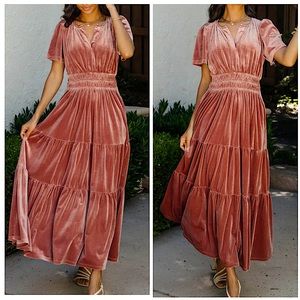 Blush Pink Velvet Tiered Smocked Formal Maxi Dress